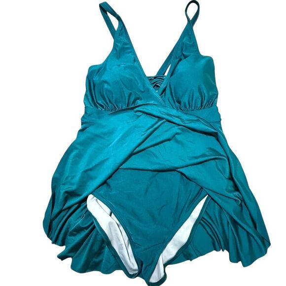 BloomChic Women's Plus Size 22W Teal Swimdress Tummy Control Skirted - Picture 1 of 8